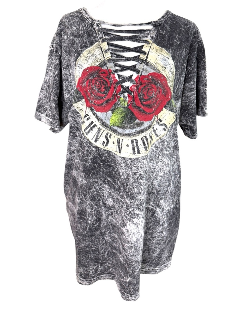 Women's Black Acid-Wash Lace-Up Graphic Tee Dress with Red Rose Print